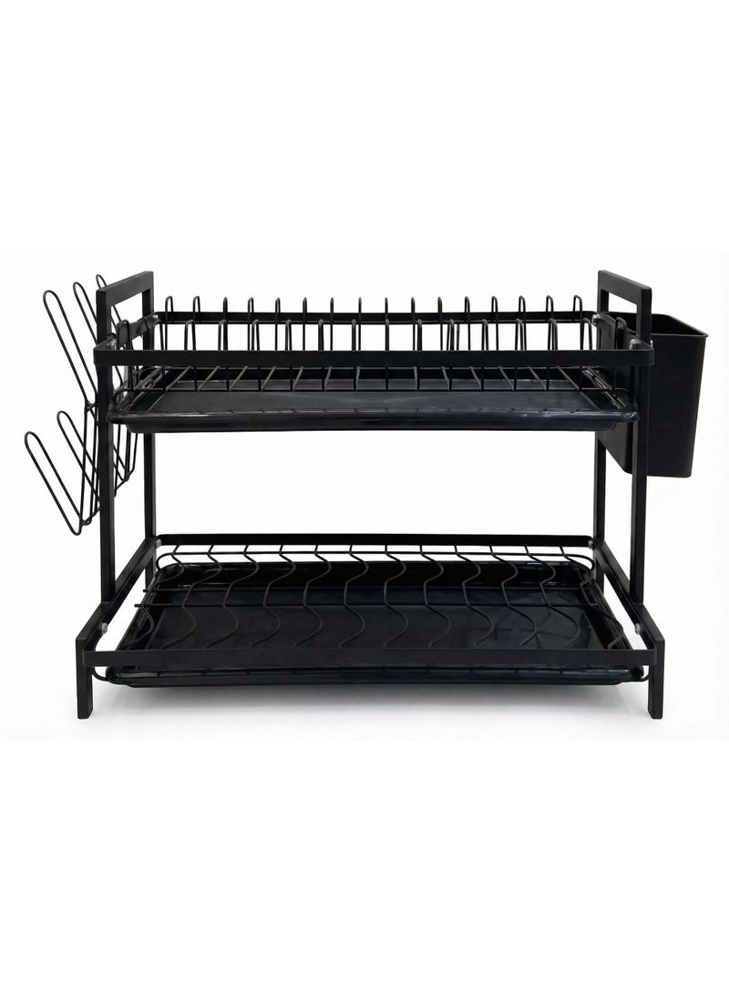 رف تجفيف الاطباق: رفوف اطباق من طبقتين لطاولة المطبخ والحوض - رف تجفيف اطباق كبير مع لوح تصريف وحوامل ادوات - مصفاة اطباق من الستانلس ستيل لتنظيم وتخزين المطبخ - Image 4